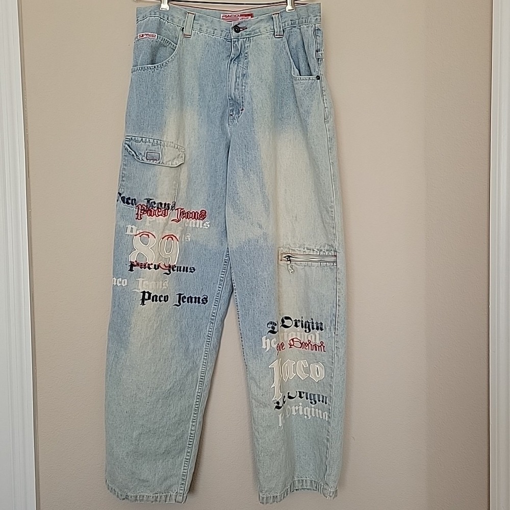 Vintage Paco Wide Leg Baggy Jeans Size 36×32 Embroidered Hip Hop Skater Y2K 90s